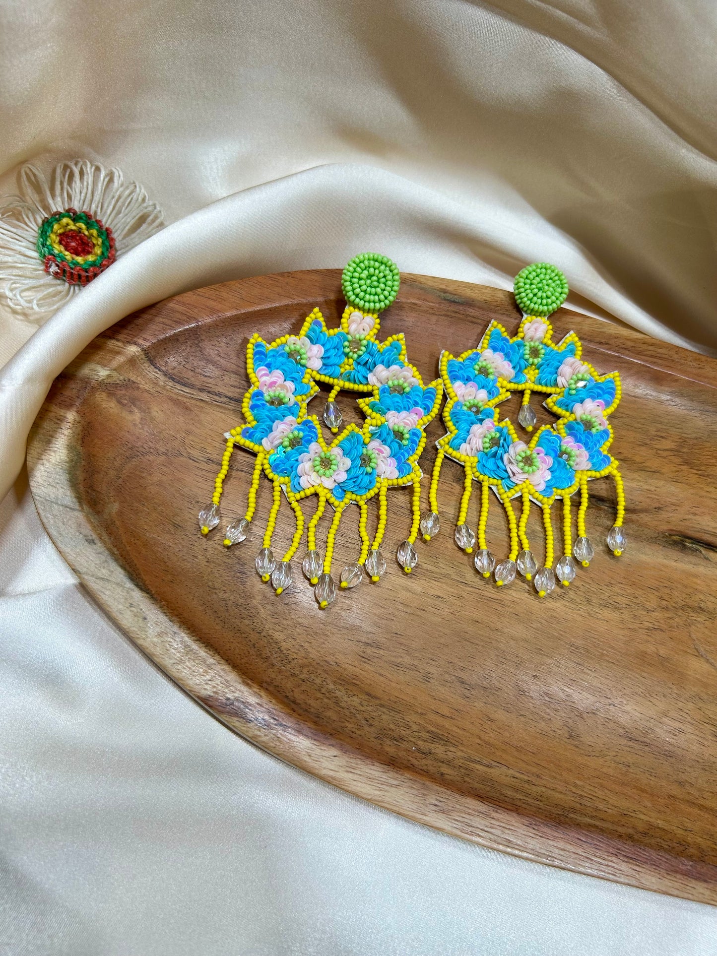 Floral Yellow Blue Earrings - Garud Wear