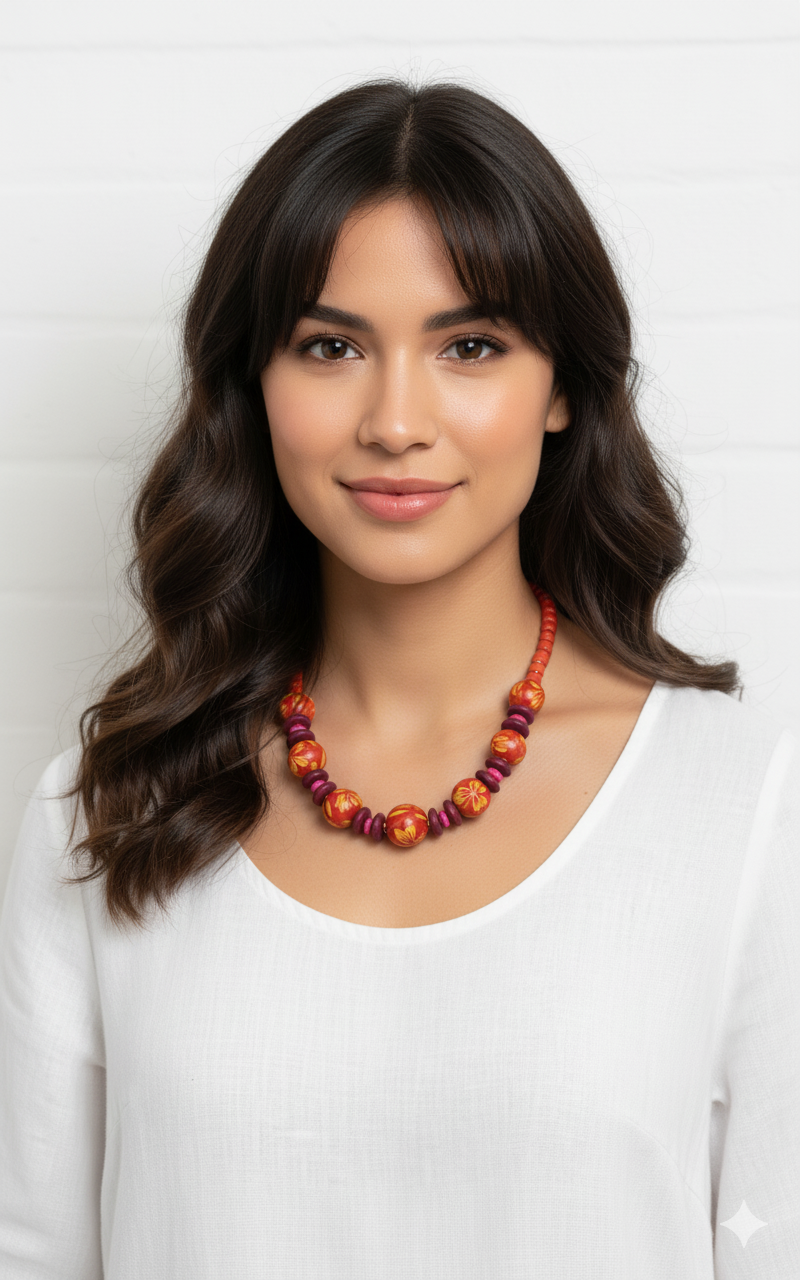 Hand-Painted Red Floral Wooden Necklace Garud Wear