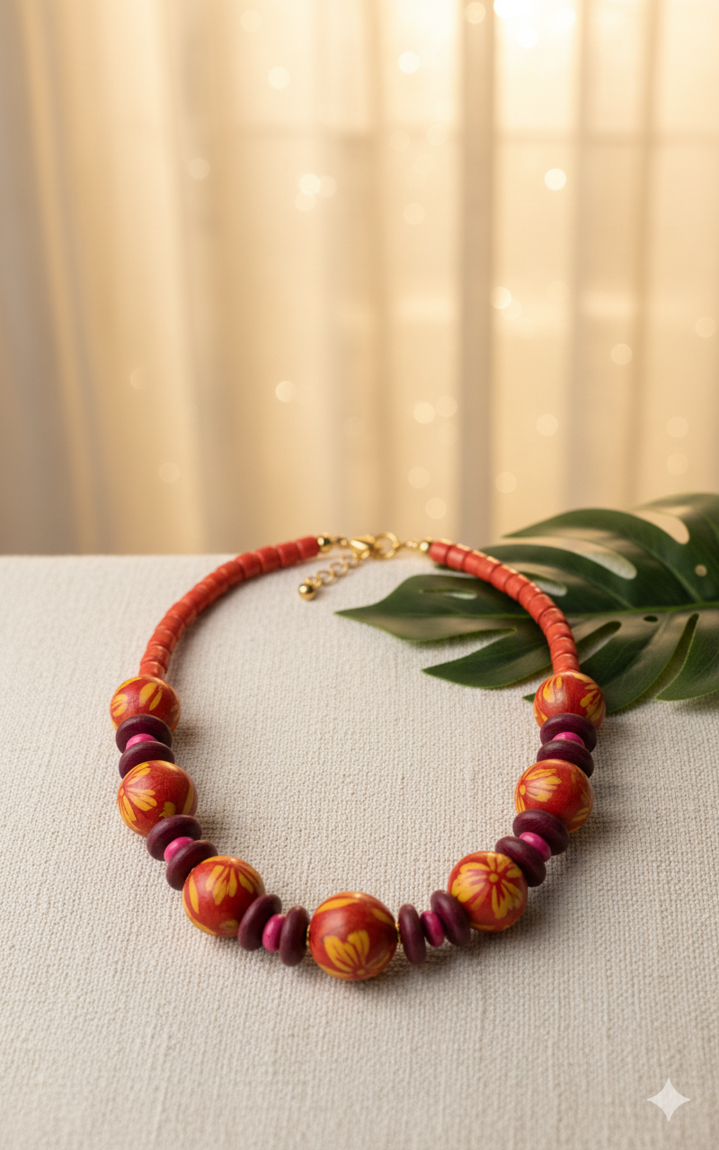 Hand-Painted Red Floral Wooden Necklace Garud Wear