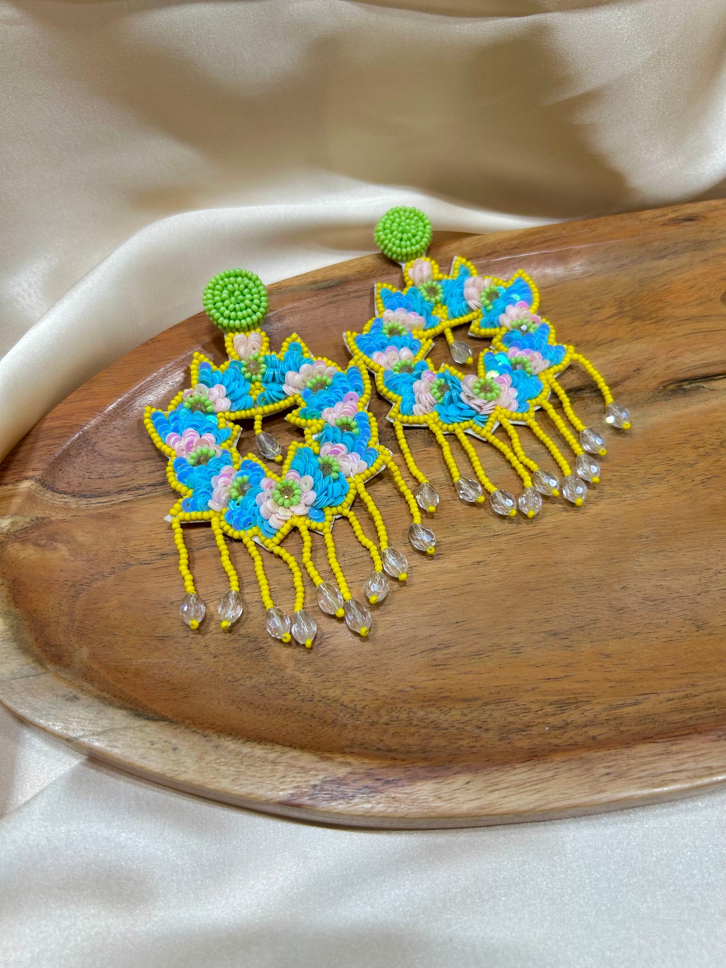 Floral Yellow Blue Earrings - Garud Wear