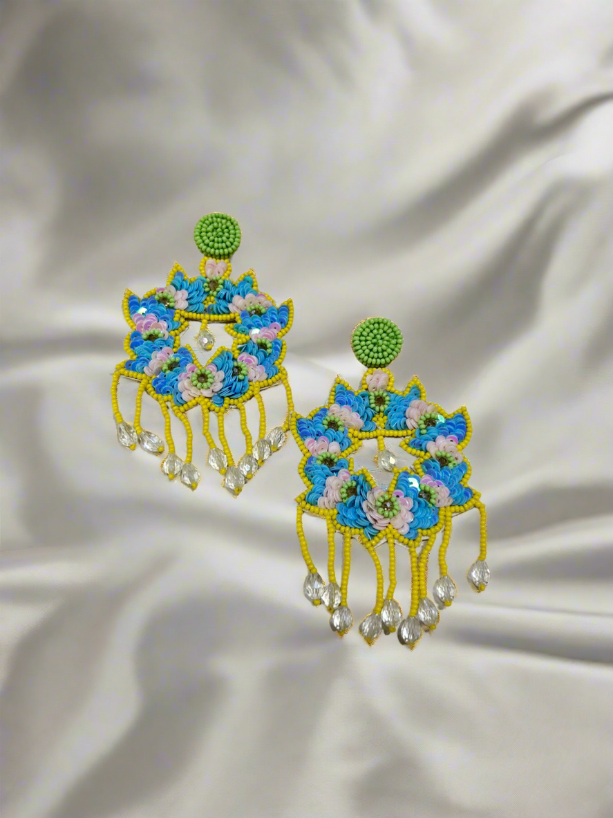 Floral Yellow Blue Earrings - Garud Wear