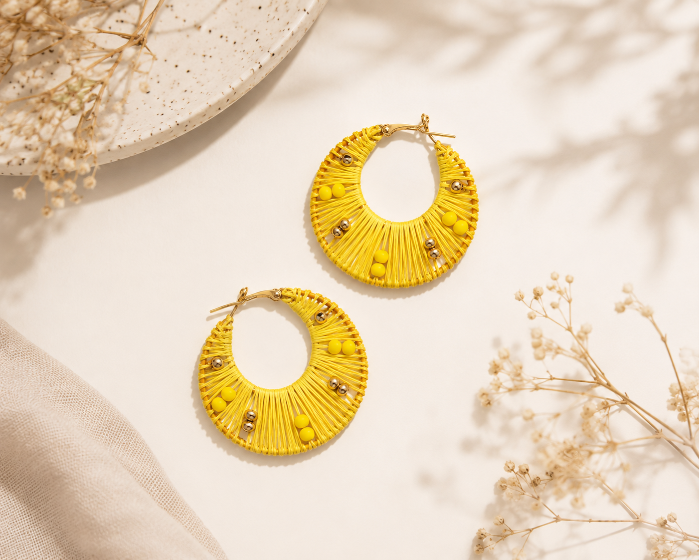 Handcrafted yellow fabric earrings Garud Wear