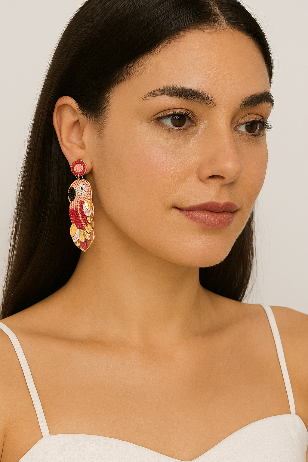 Pink & White Beaded Bird Charm Earrings Garud Wear
