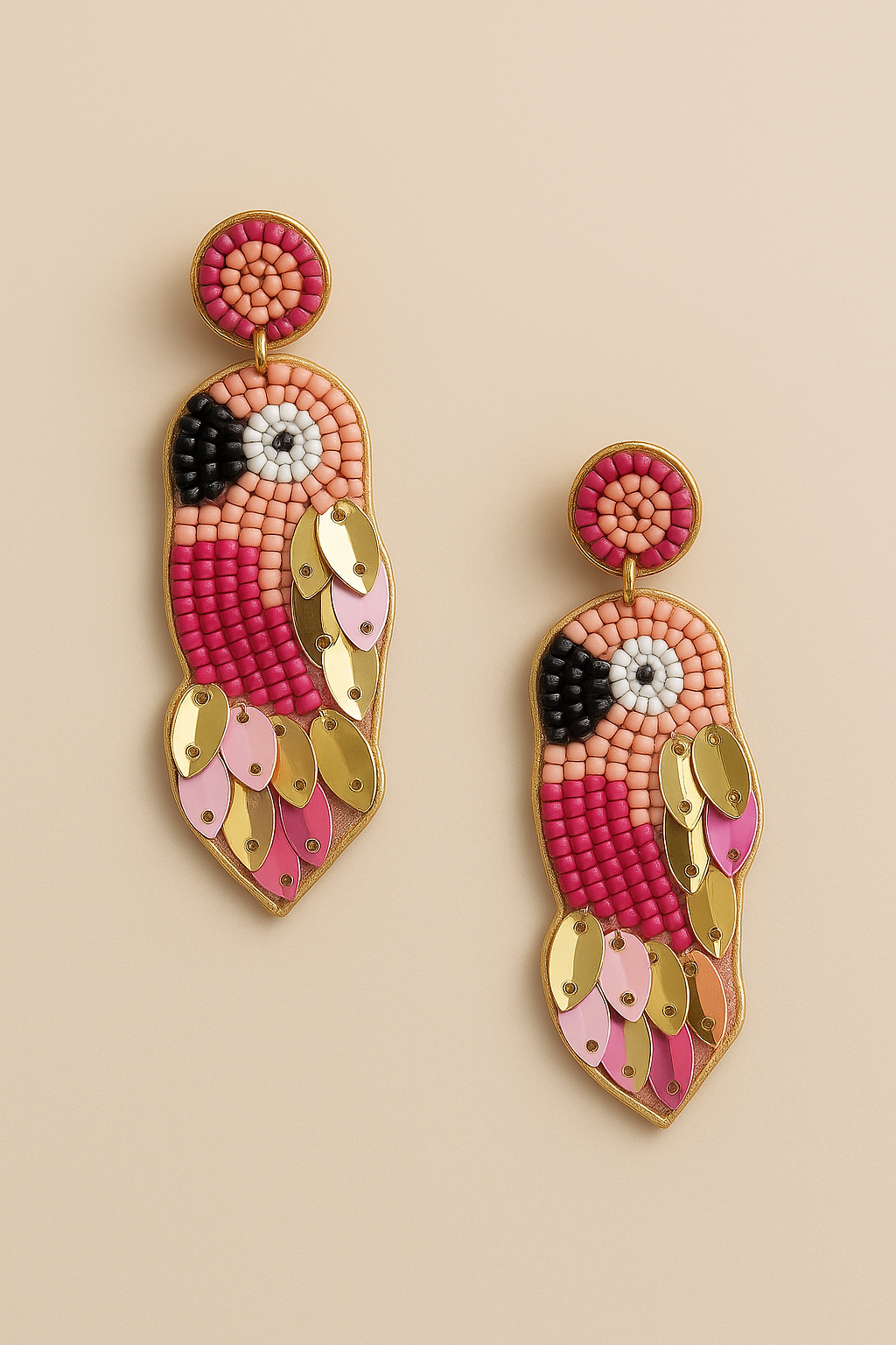 Pink & White Beaded Bird Charm Earrings Garud Wear