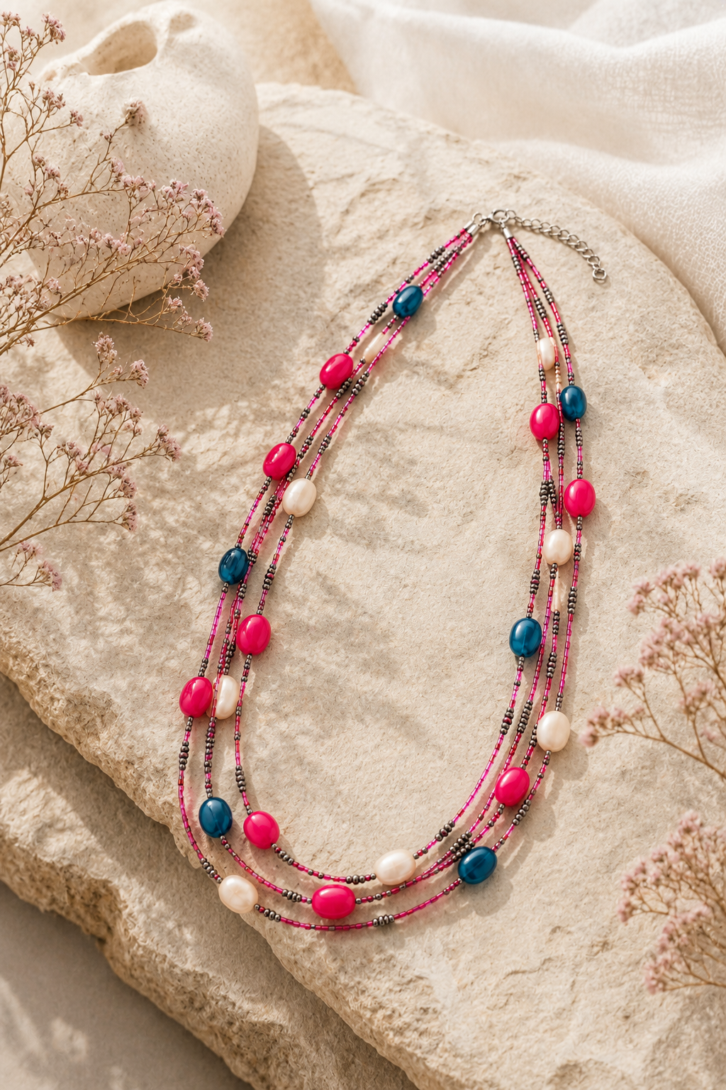 Handcrafted pink and blue beaded necklace Garud Wear