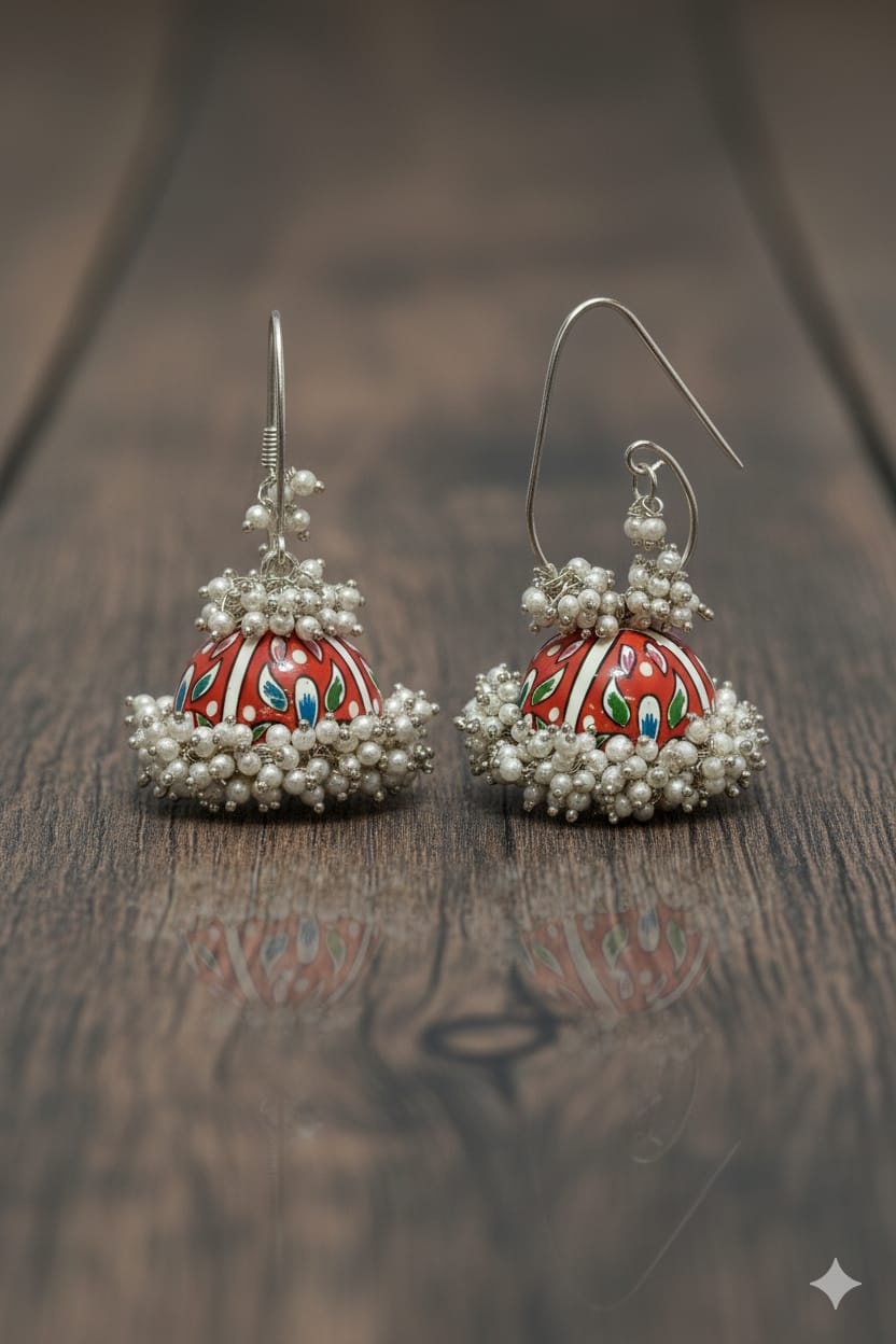 Handcrafted White Beaded Painted Jhumkas Garud Wear