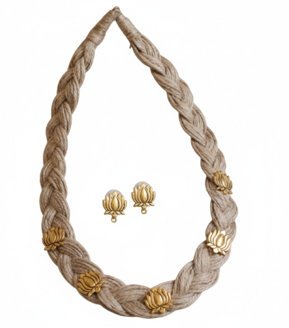 Earth Harmony Jute Necklace & Lotus Earrings Set Garud Wear
