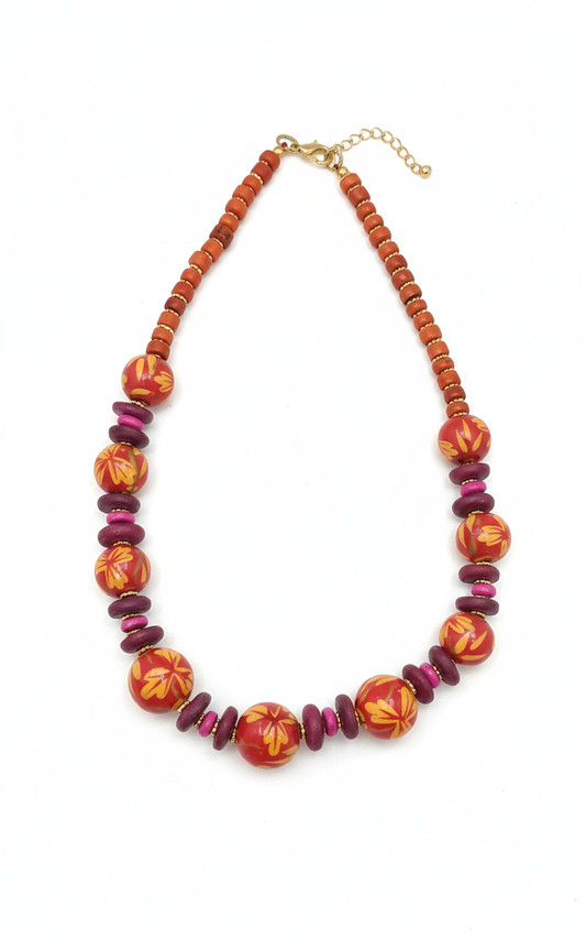 Hand-Painted Red Floral Wooden Necklace Garud Wear