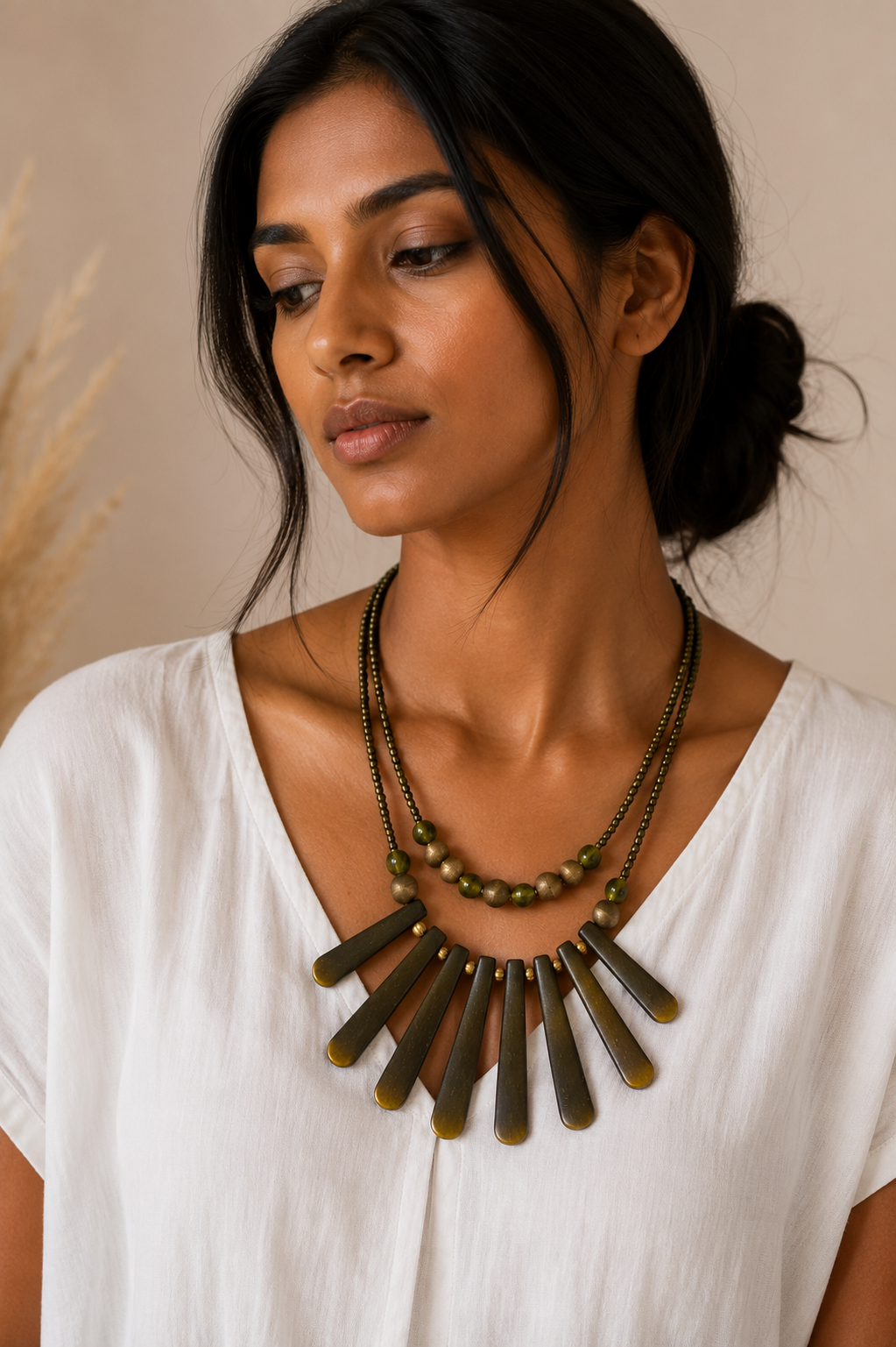 Olive Green Handmade Wooden Necklace Garud Wear
