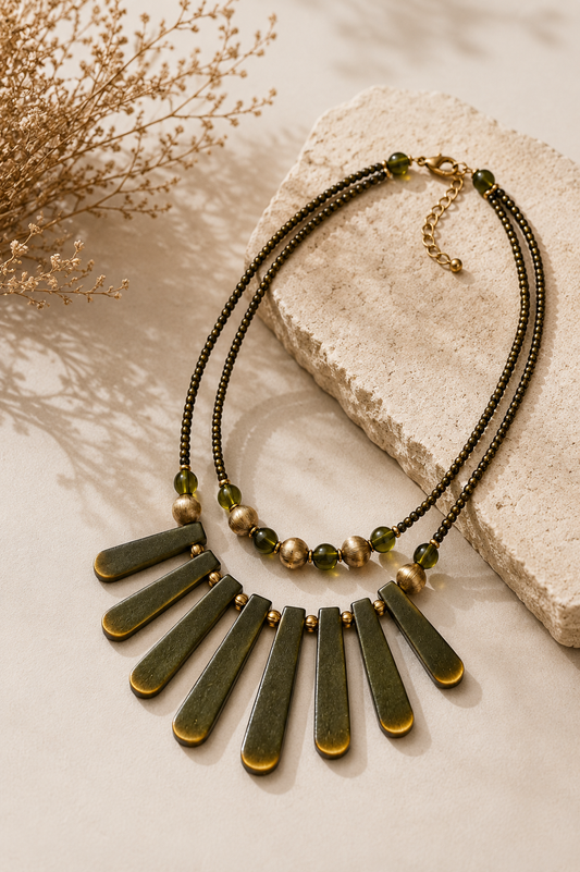 Olive Green Handmade Wooden Necklace Garud Wear