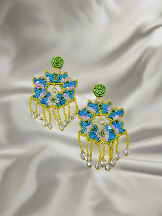 Floral Yellow Blue Earrings - Garud Wear