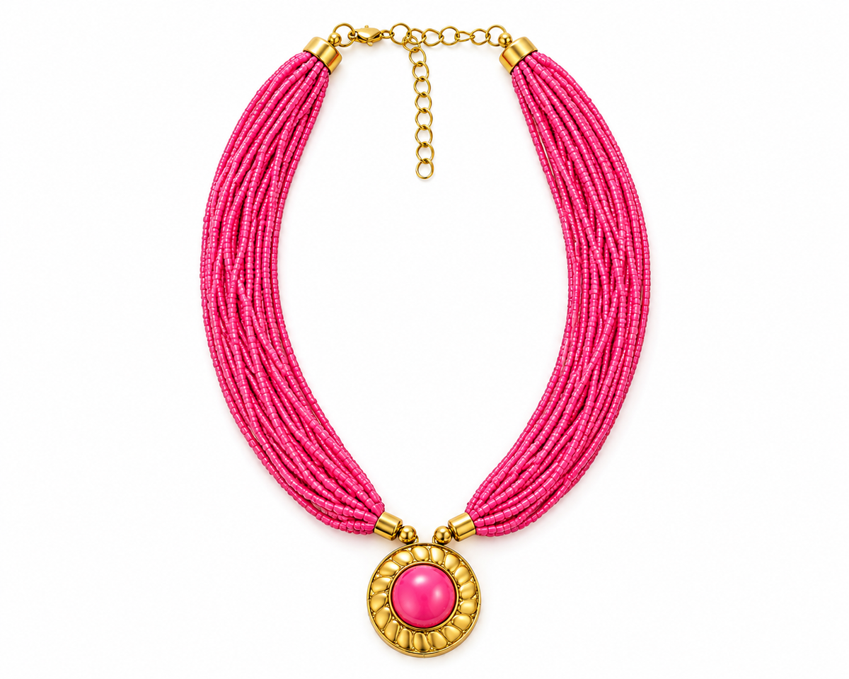 Pink Pendant Beaded Necklace Garud Wear