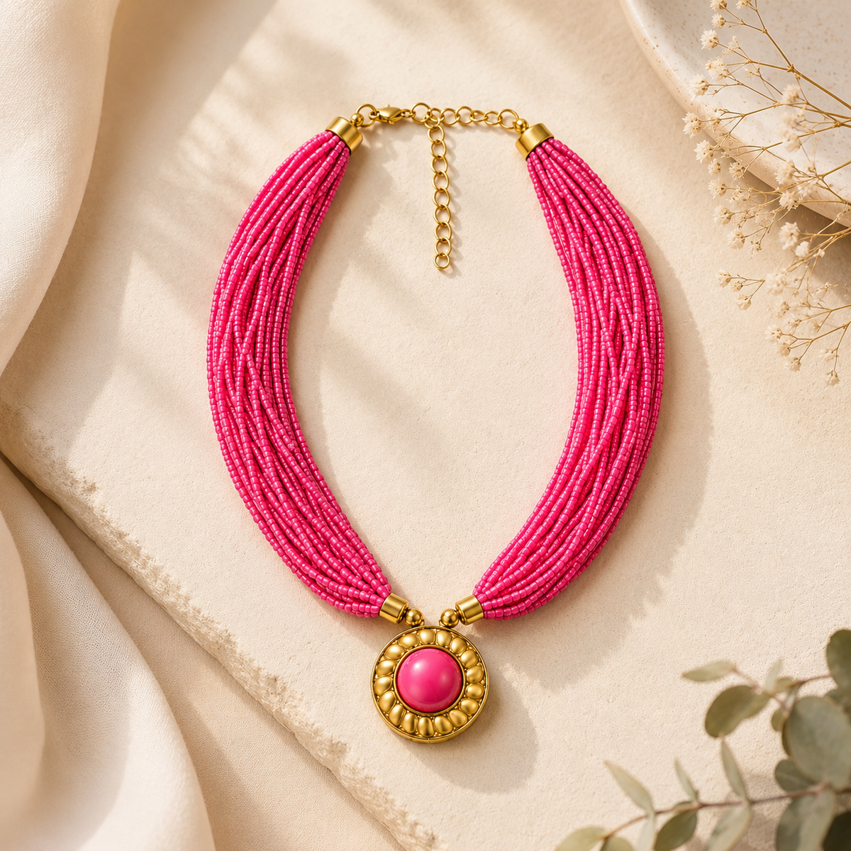 Pink Pendant Beaded Necklace Garud Wear