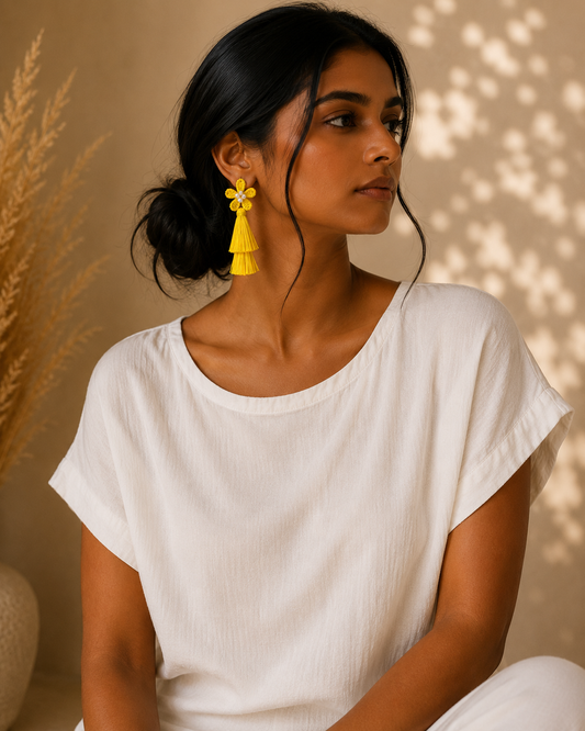 Charming yellow flower raffia and jute earrings Garud Wear