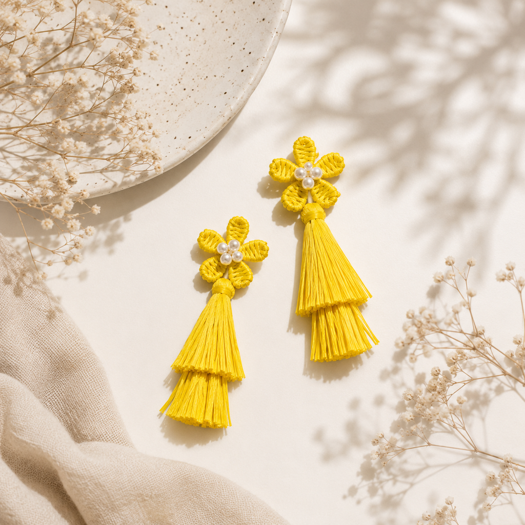Charming yellow flower raffia and jute earrings Garud Wear