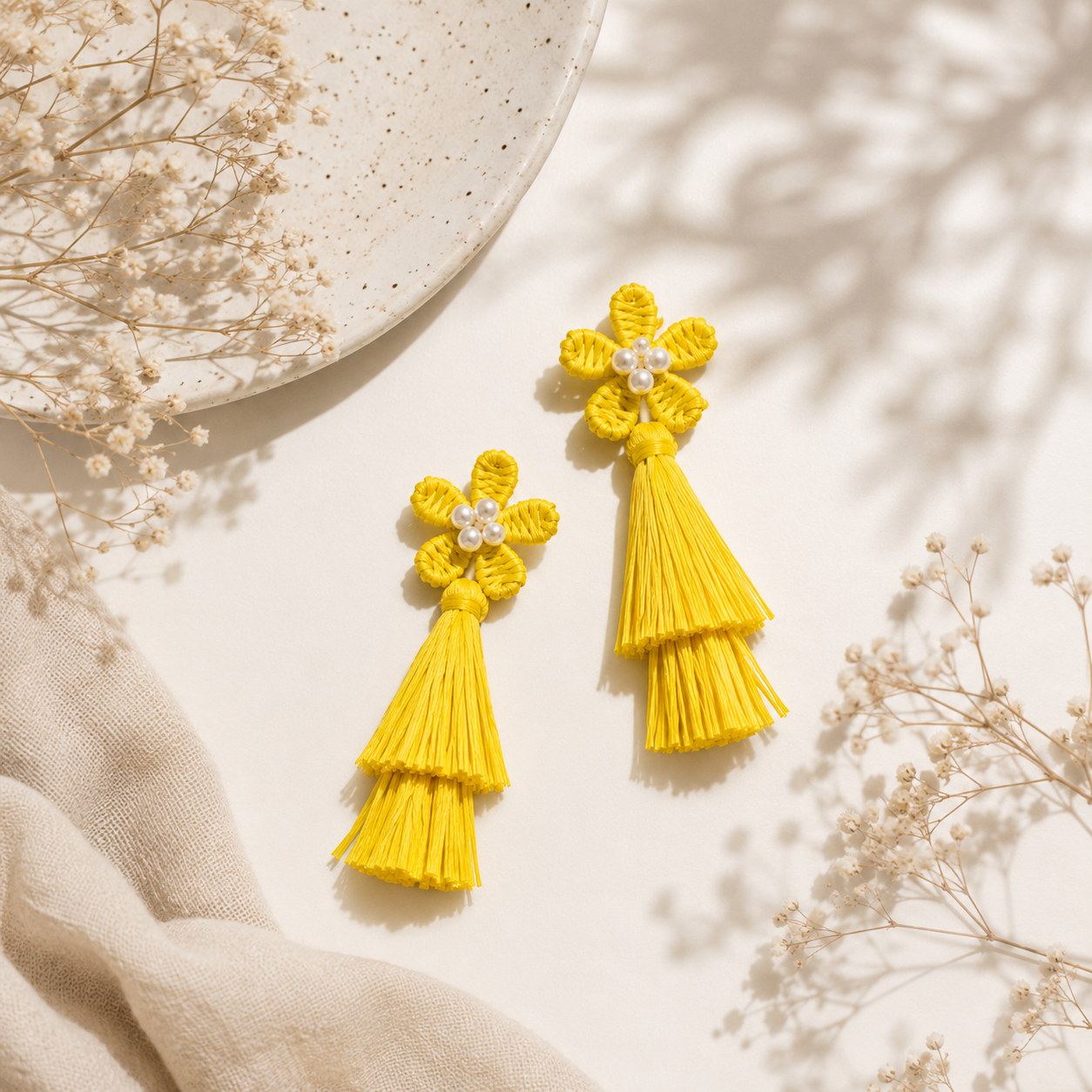 Charming yellow flower raffia and jute earrings Garud Wear