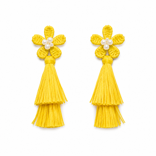 Charming yellow flower raffia and jute earrings Garud Wear
