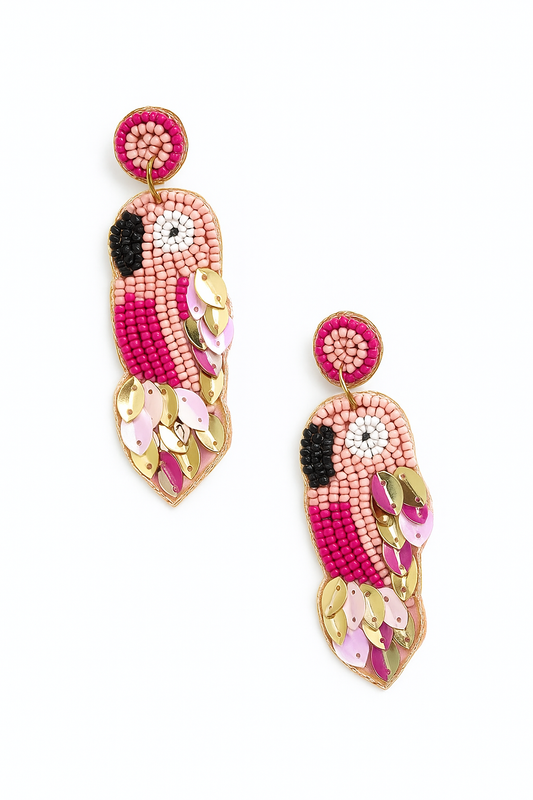 Pink & White Beaded Bird Charm Earrings Garud Wear
