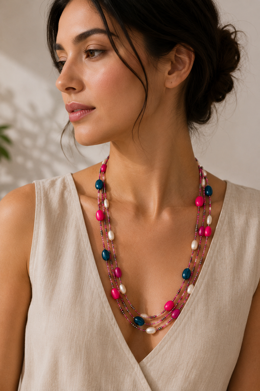 Handcrafted pink and blue beaded necklace Garud Wear