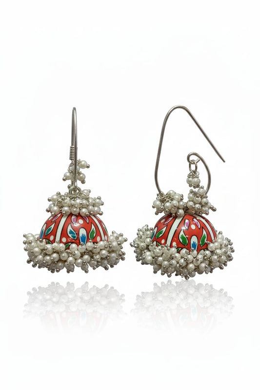 Handcrafted White Beaded Painted Jhumkas Garud Wear