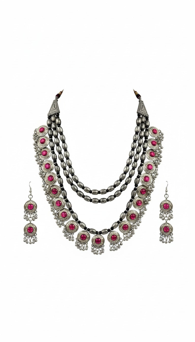 Delicate Pink Oxidized Lightweight Necklace Set Garud Wear