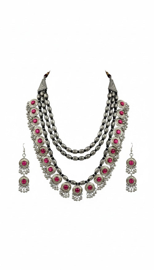 Delicate Pink Oxidized Lightweight Necklace Set Garud Wear