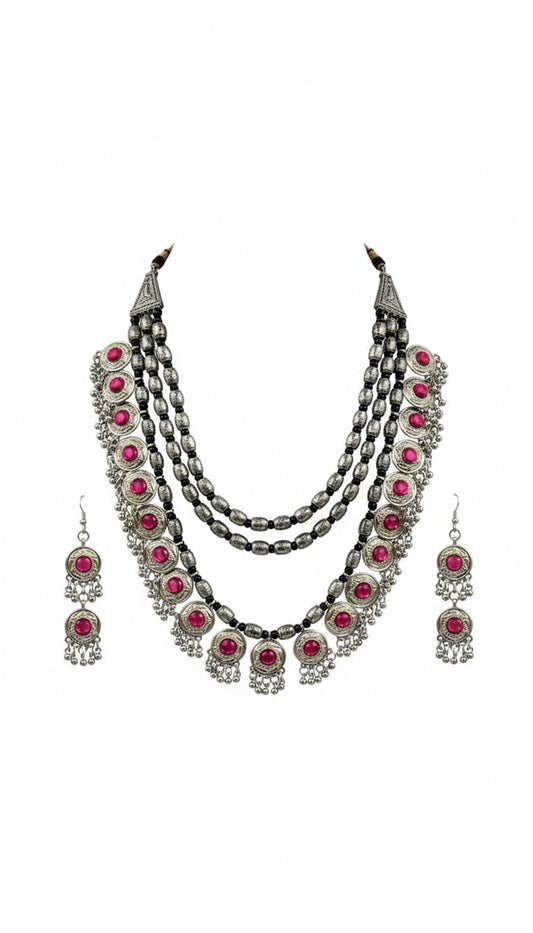 Delicate Pink Oxidized Lightweight Necklace Set Garud Wear