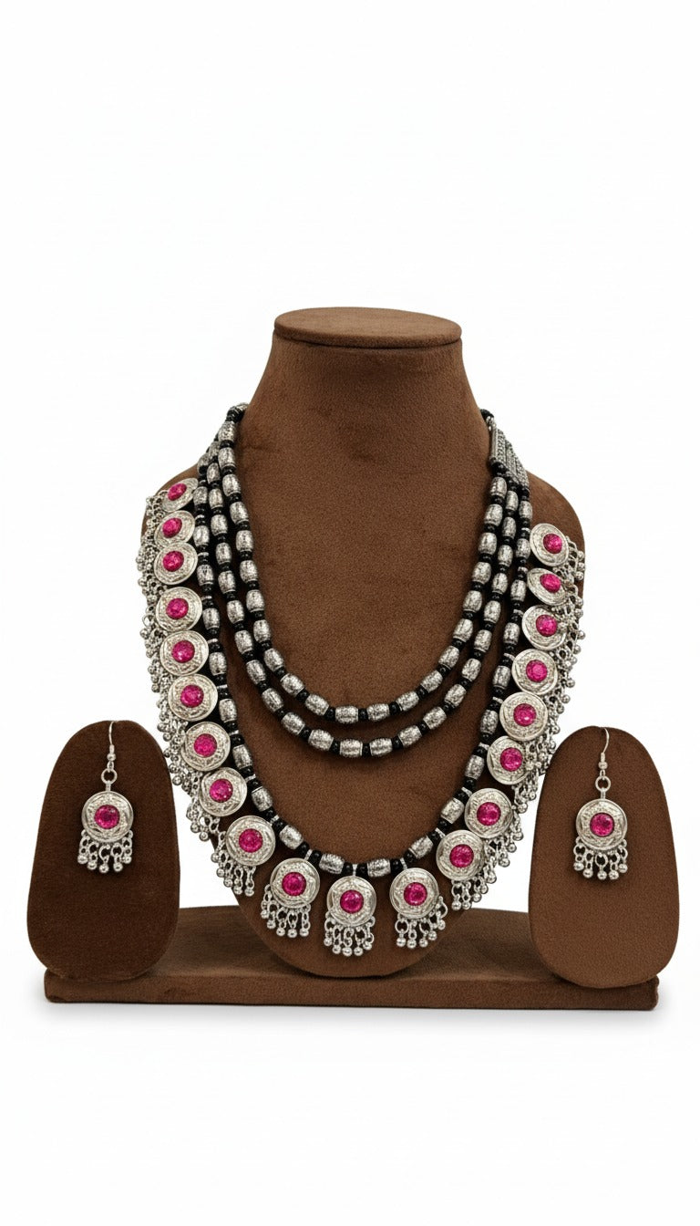 Delicate Pink Oxidized Lightweight Necklace Set Garud Wear