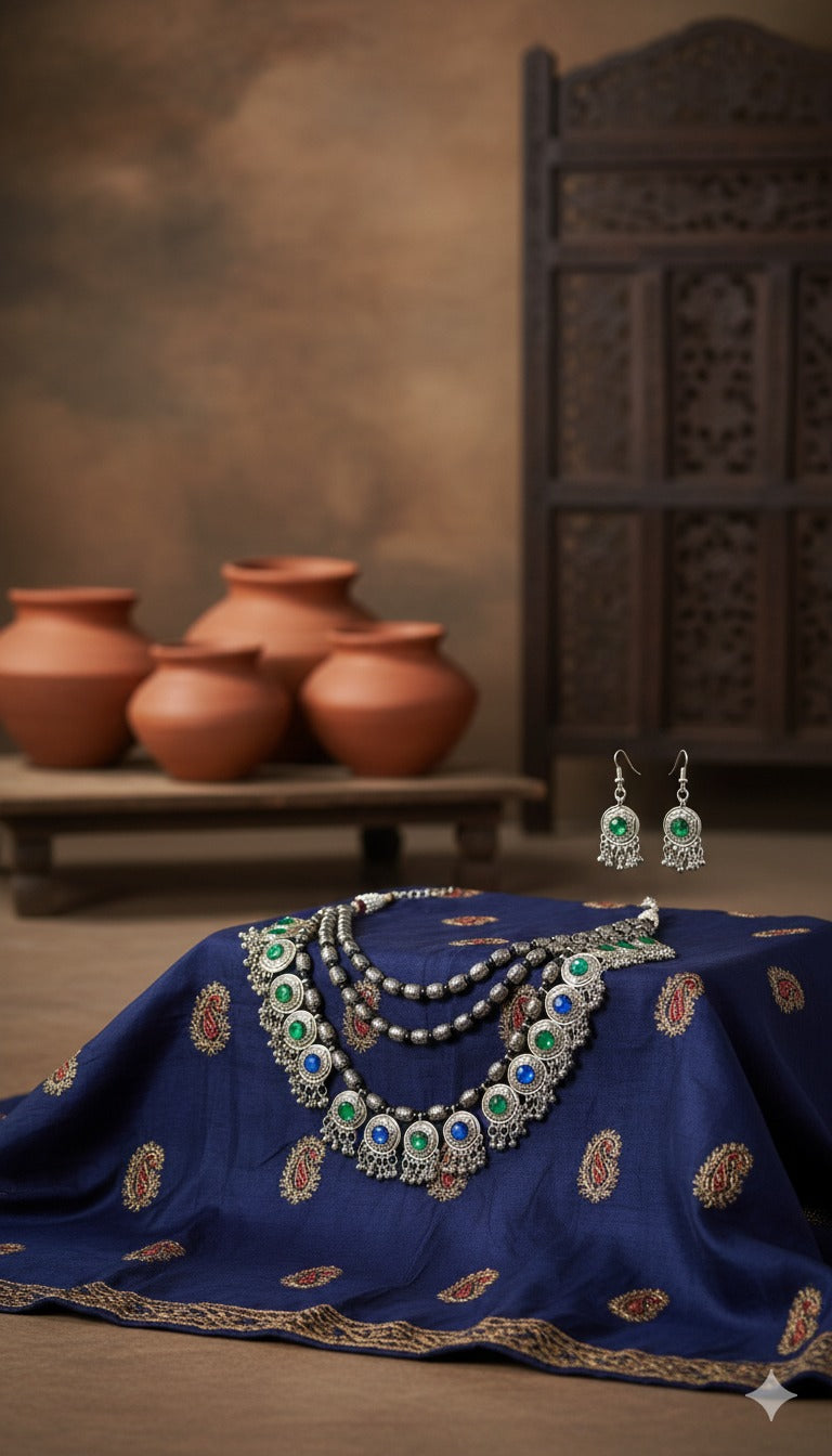 Serene Harmony Lightweight Silver Oxidized Necklace Set Garud Wear