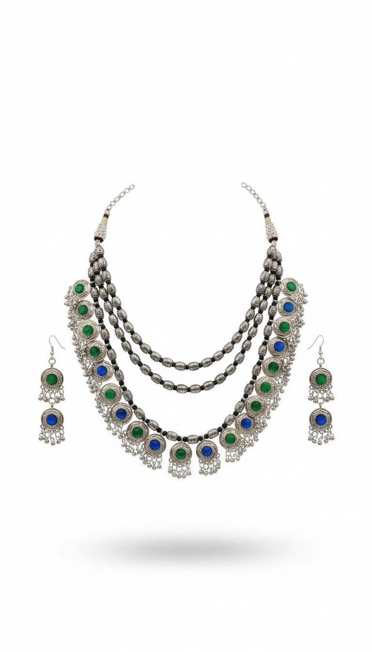 Serene Harmony Lightweight Silver Oxidized Necklace Set Garud Wear