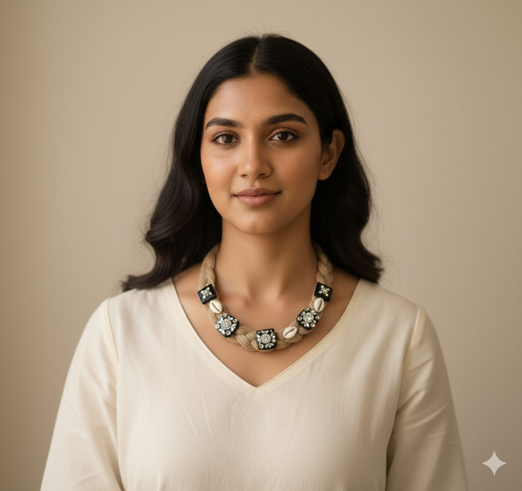 EcoCharm Black Stone Jute Necklace Garud Wear