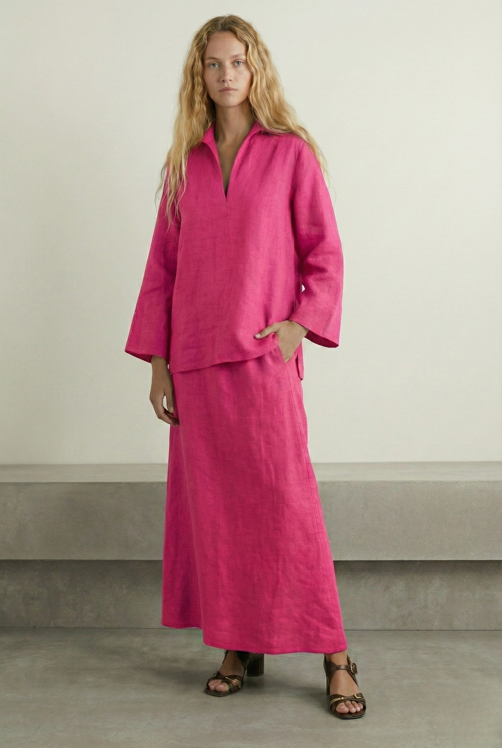 Hot Pink Linen Cord Set Garud Wear